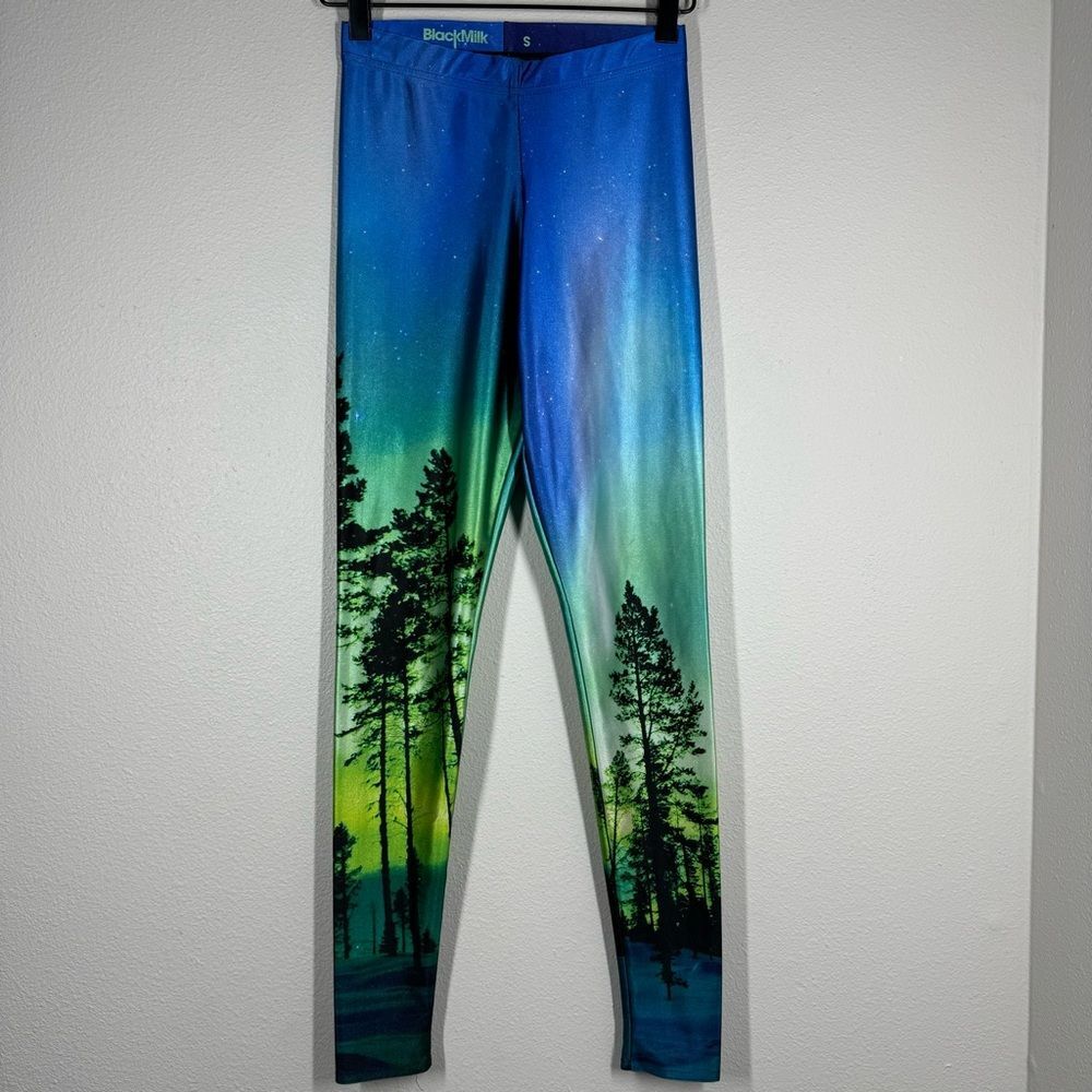 Blackmilk Blue Green Aurora Sky Leggings Tights Trees Stars Size Small